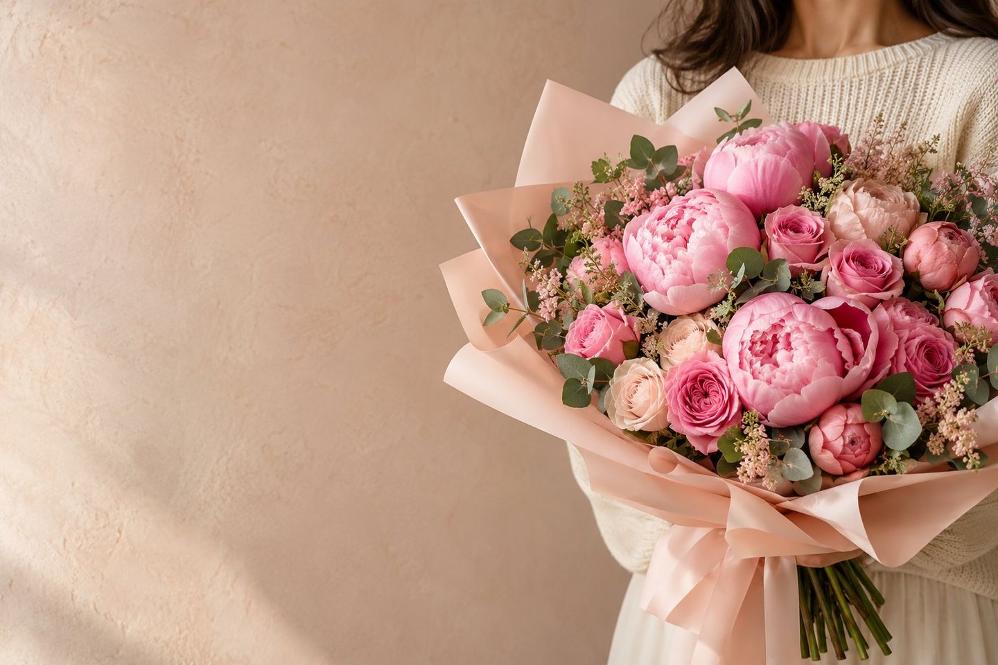 Pembe şakayık ve gül buketi tutan kadın